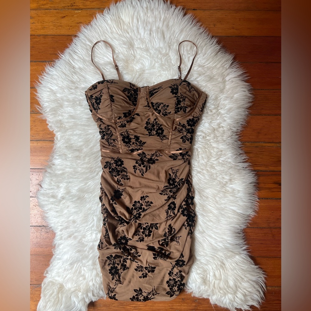 pRIVY sexy sheer nude brown corset bustier floral ruched mini dress nwt